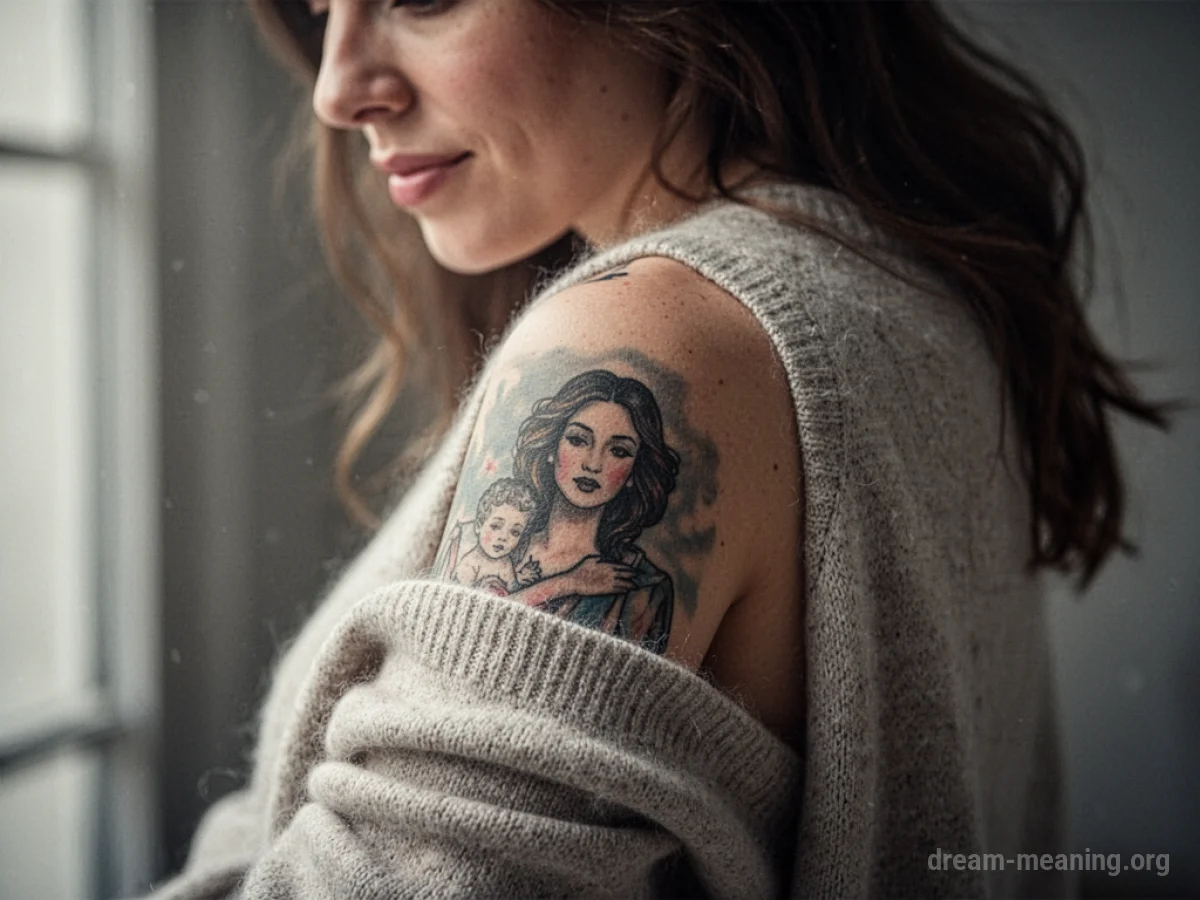 Close-up of a woman's arm showing a tattoo under fabric.