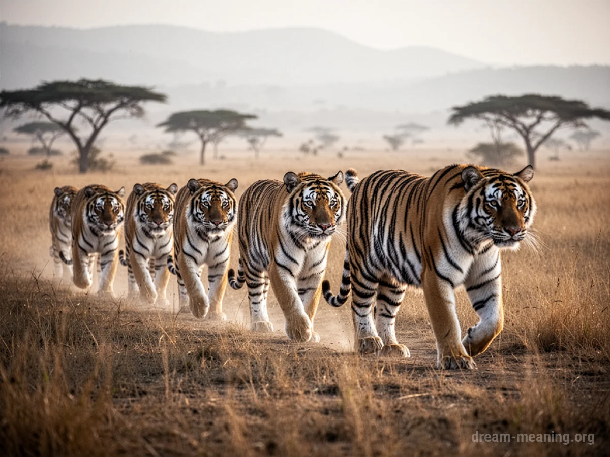 Several tigers walking in a line across a savanna.