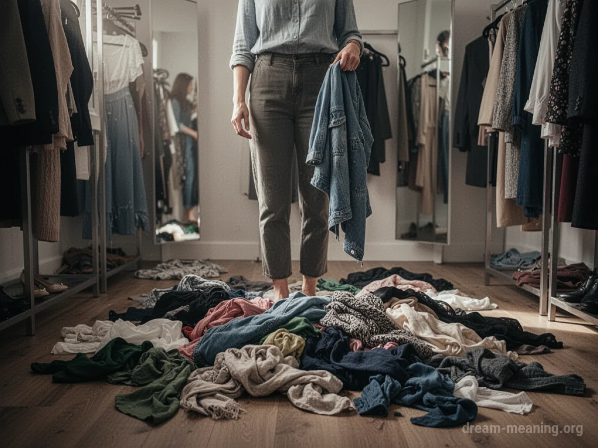 A person surrounded by various clothing items in a room.