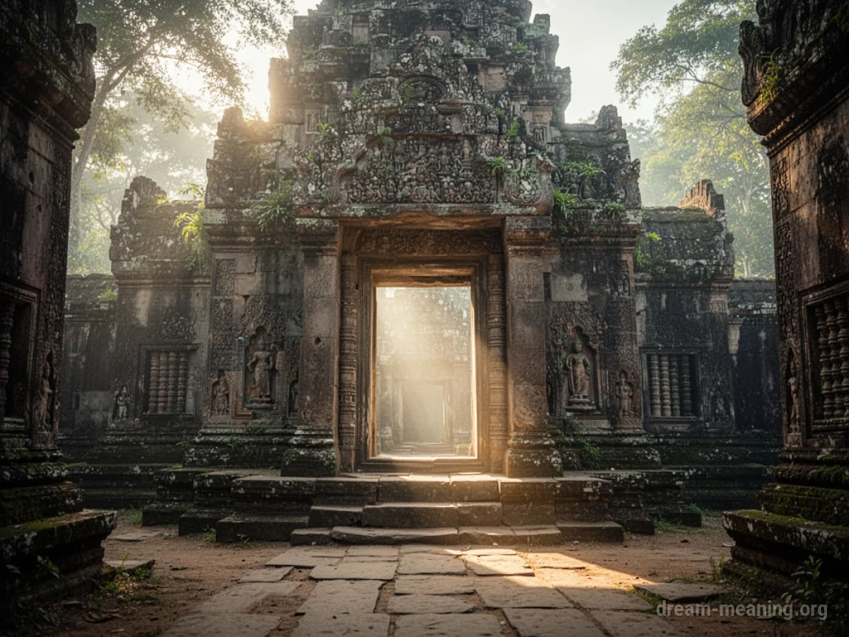 A stone temple entrance bathed in sunlight.