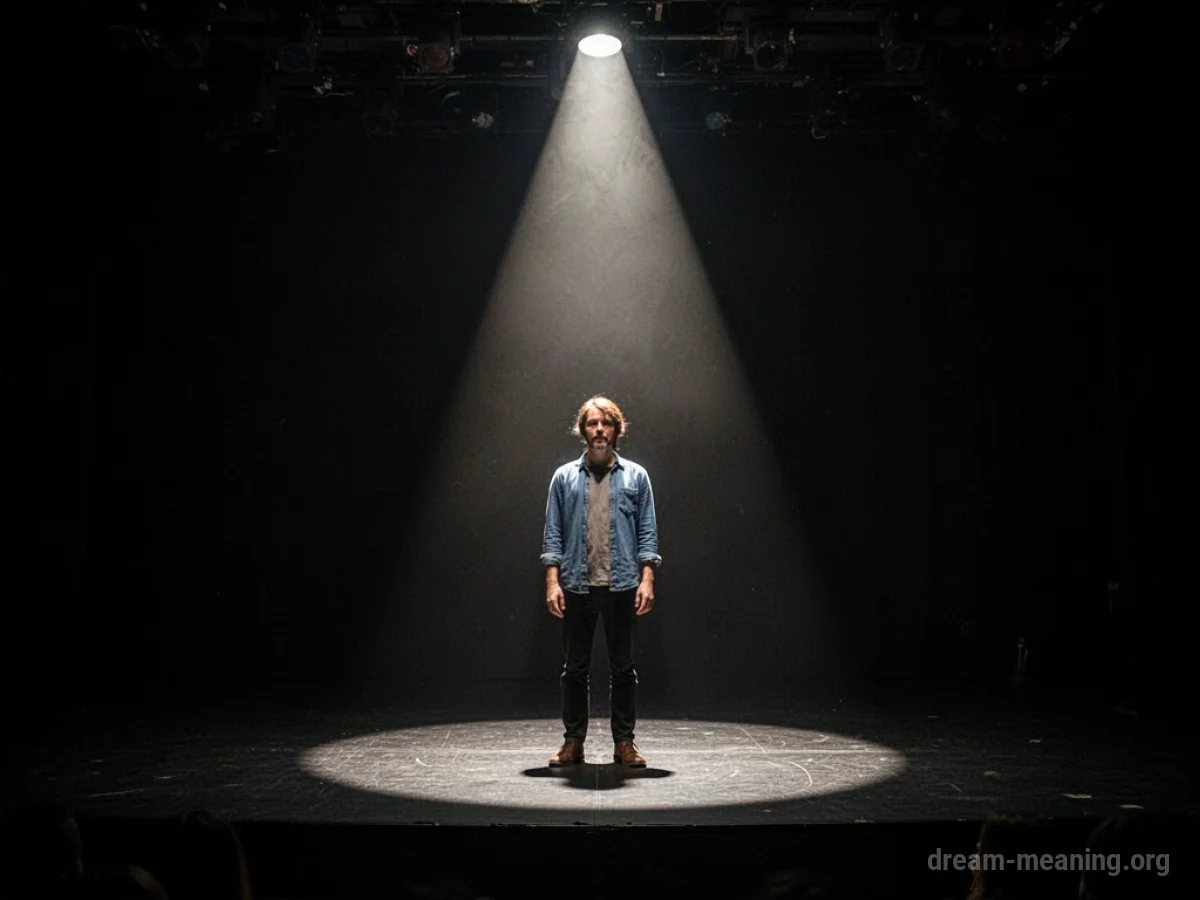 A person illuminated by a single spotlight on a dark stage.
