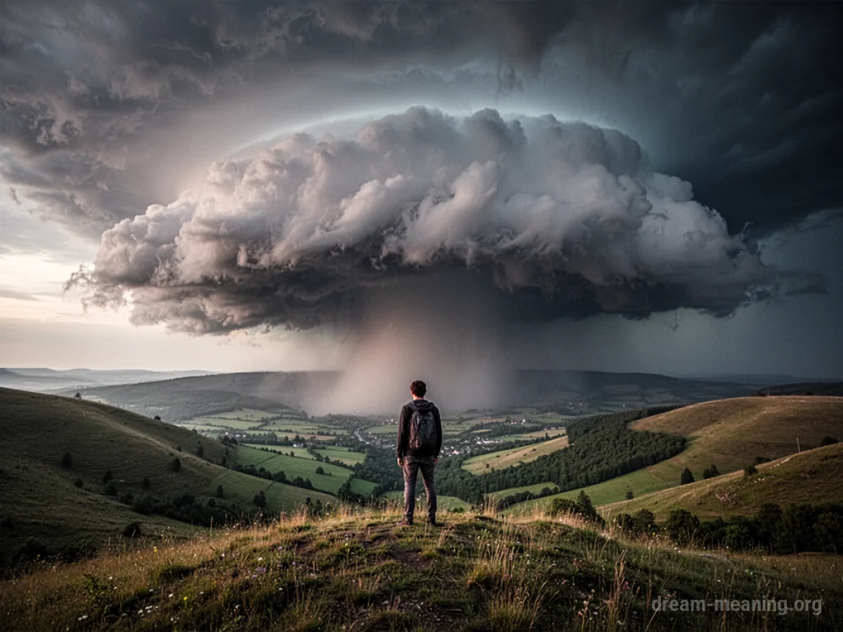 A person watching a large storm cloud over a valley.