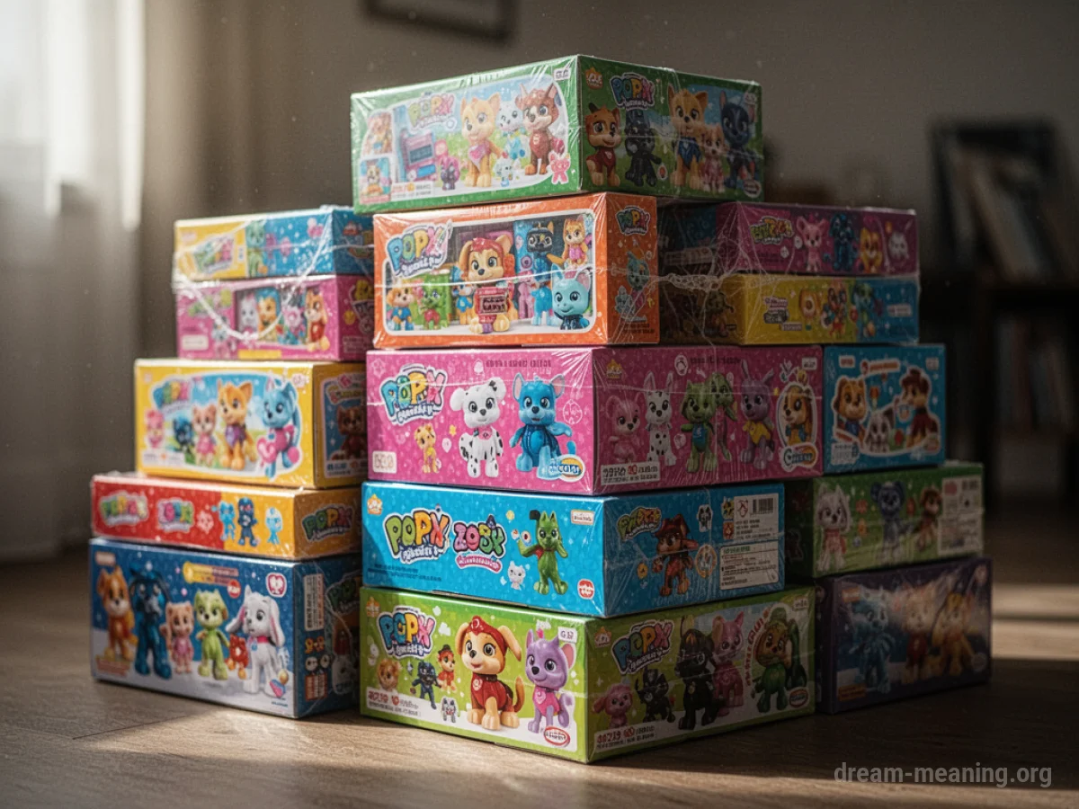 A stack of unopened toy boxes.