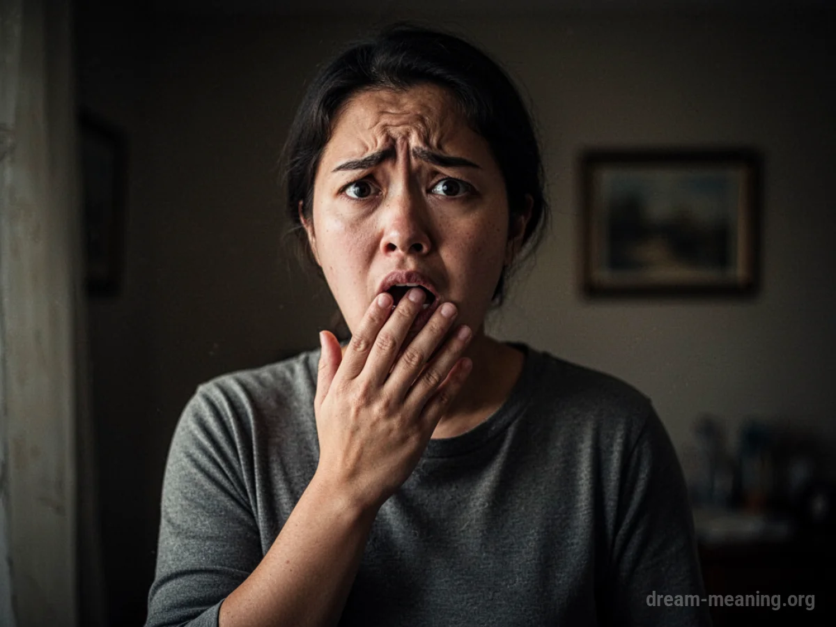 Person touching their mouth in a dimly lit room.