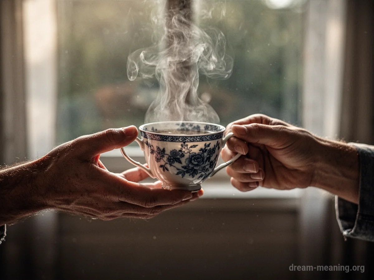 Two hands extending, one offering a teacup.