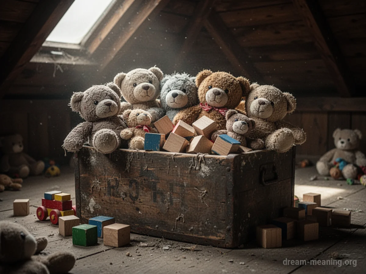 A collection of vintage toys spilling out of an old wooden chest.