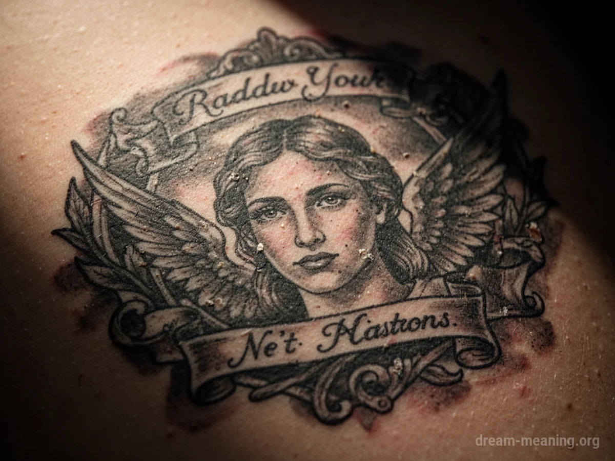 A faded tattoo design on skin with a blurred background.