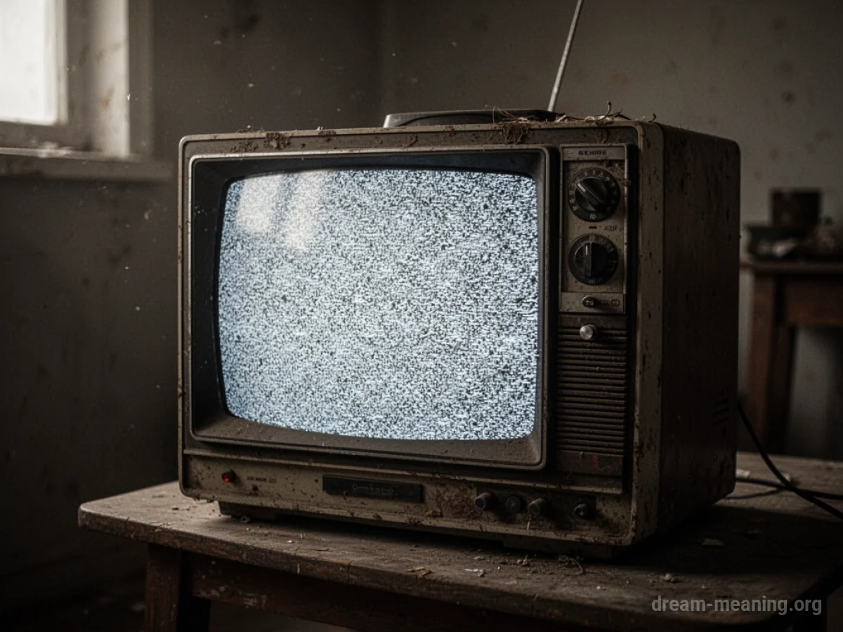 An antique television with a blank, snowy screen.
