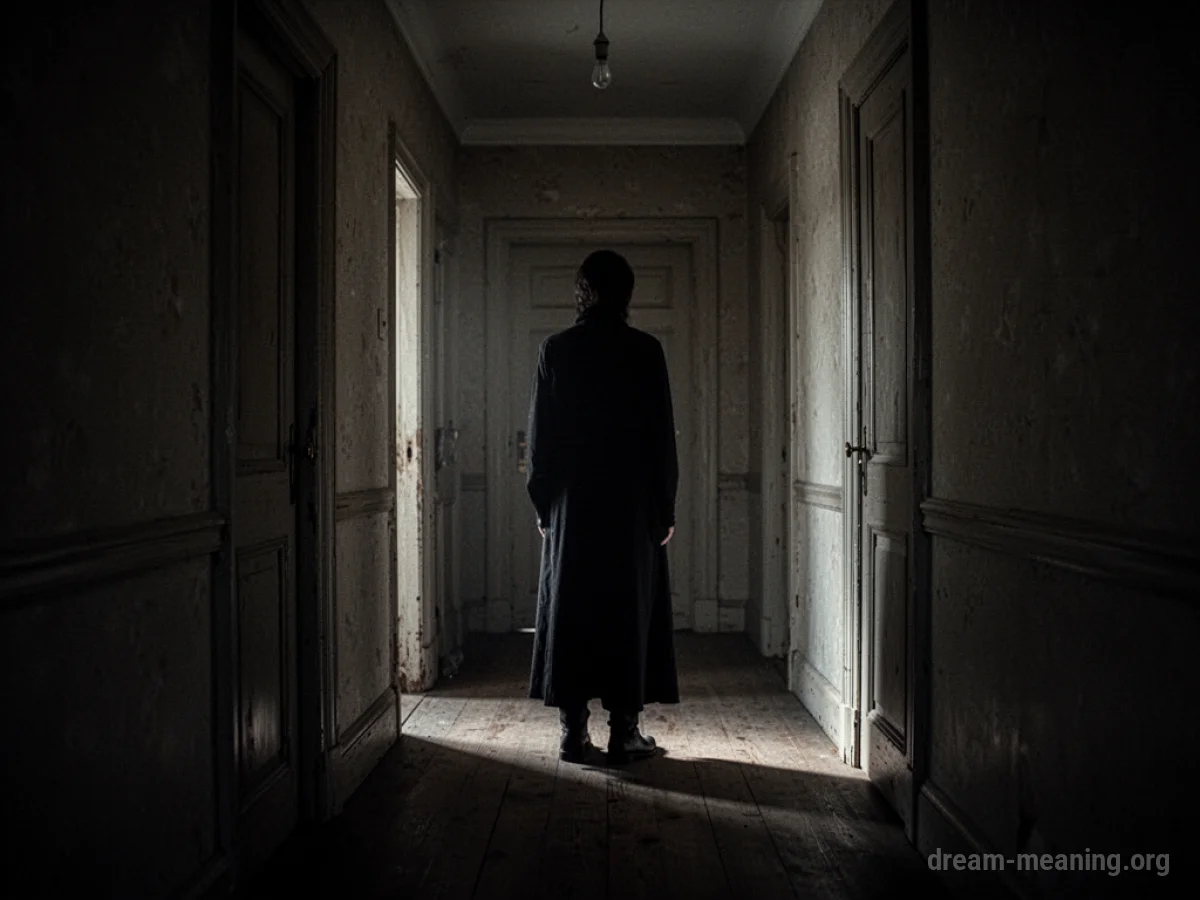 A shadowy figure looms in a dark hallway.