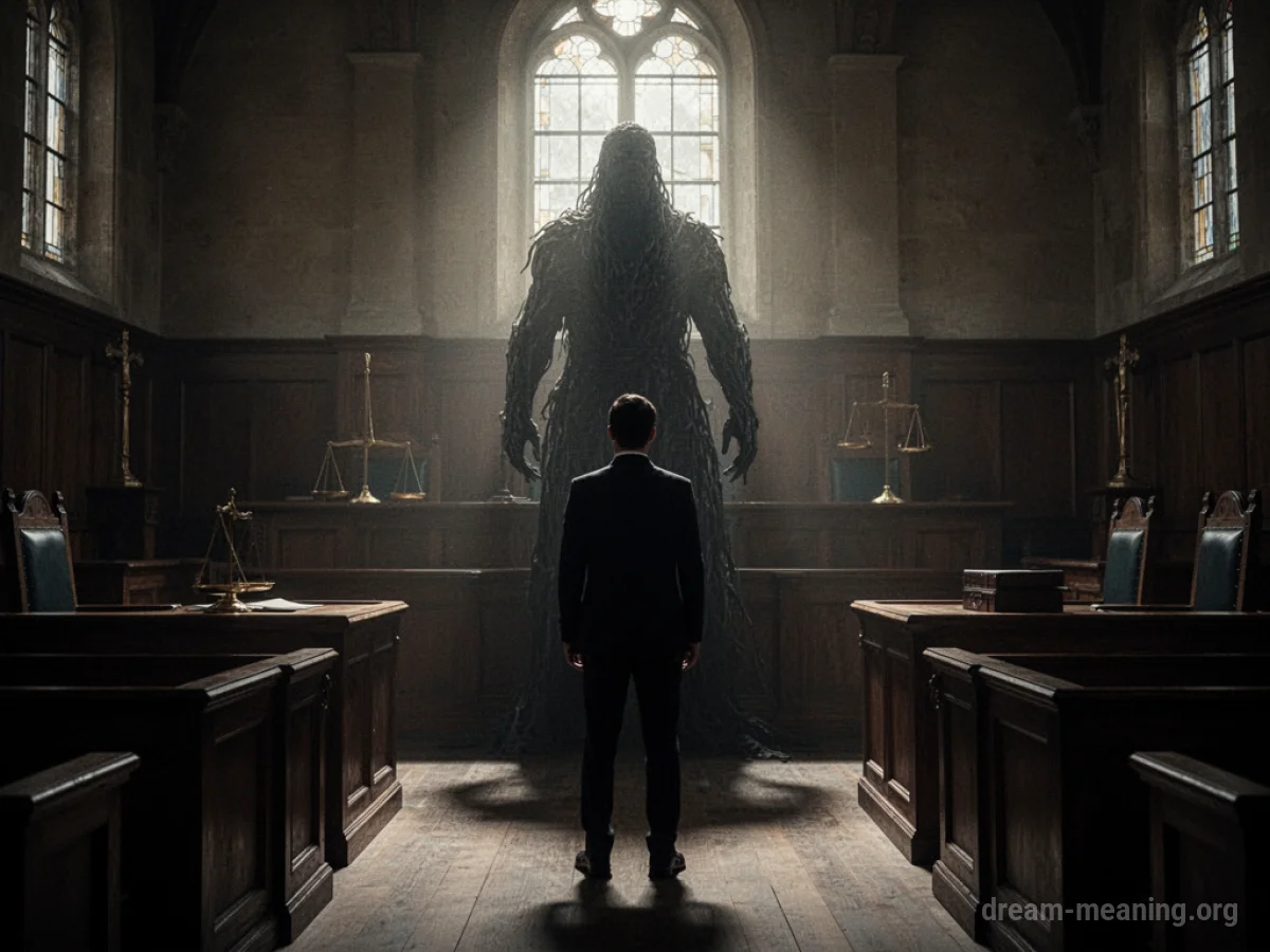 Silhouette of a person standing in a dark courtroom.