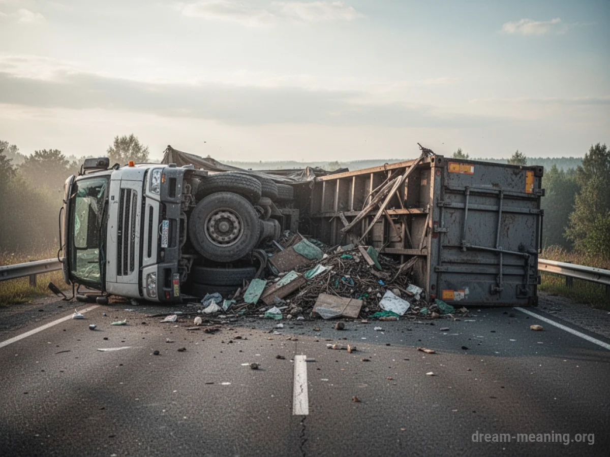A truck on its side on a road with cargo scattered.