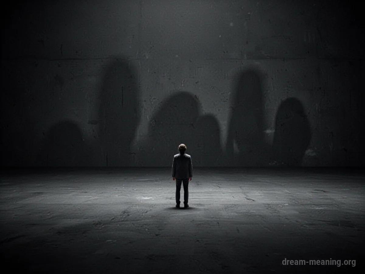Silhouette of a person dwarfed by an immense, dark, empty space with looming shadows.