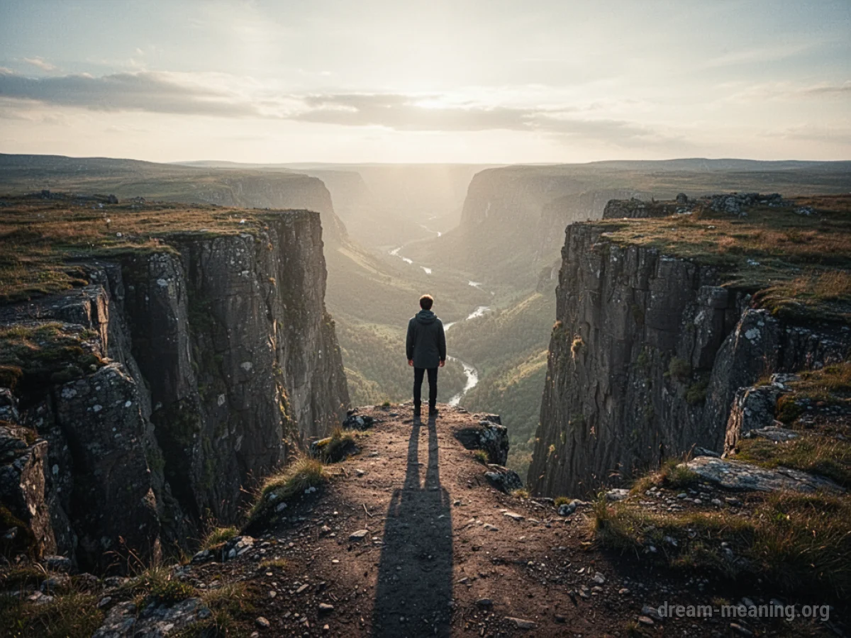 Silhouette of a person at a cliff edge facing a distant bright horizon.