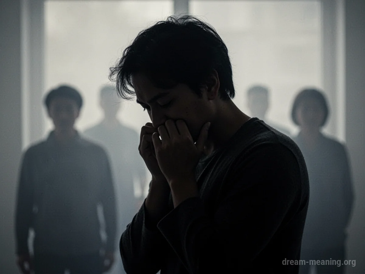 Silhouette of a person in distress, hands near their mouth, with blurred figures behind them.