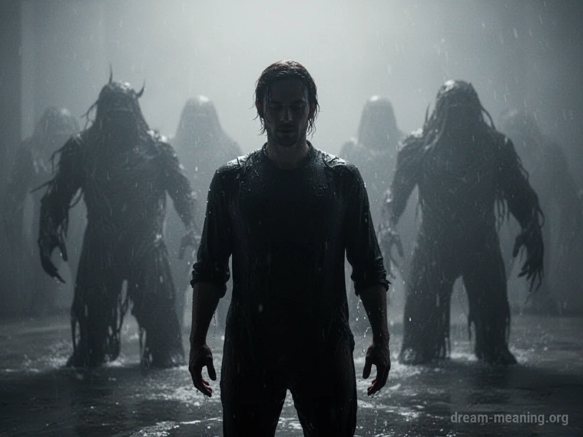 Silhouette of a person unable to move, surrounded by dark, indistinct shapes.