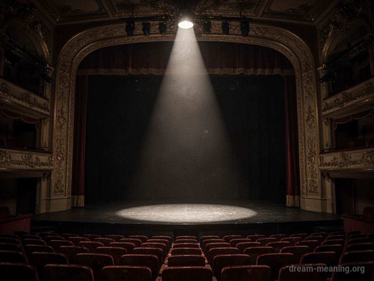 An empty theater stage lit by a single spotlight.
