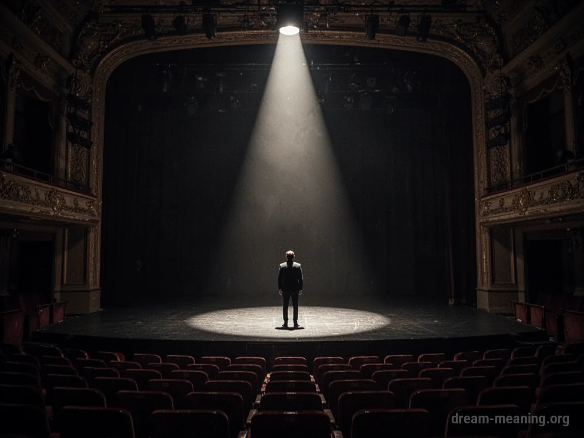 A solitary figure stands on a dimly lit stage under a single spotlight, facing an empty auditorium.