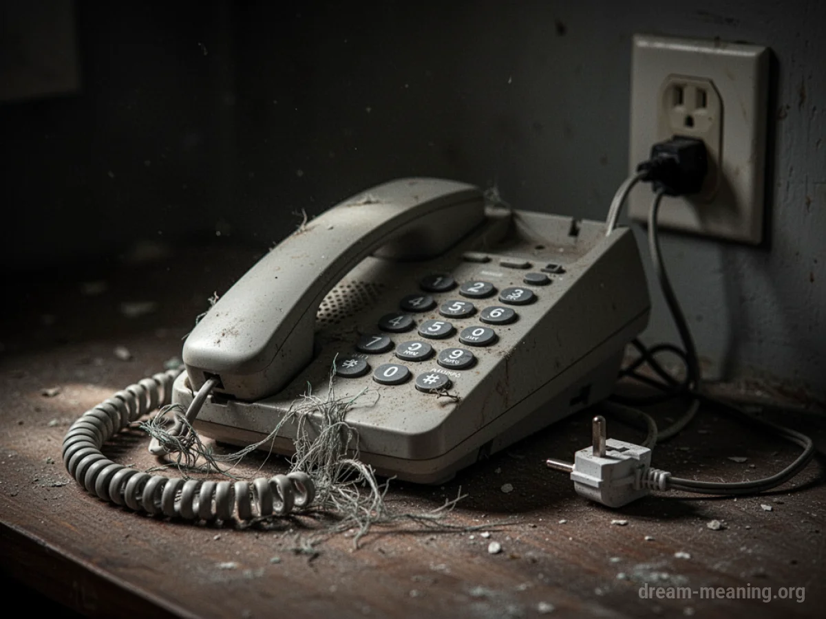 A broken telephone receiver lying on its side with a frayed cord.