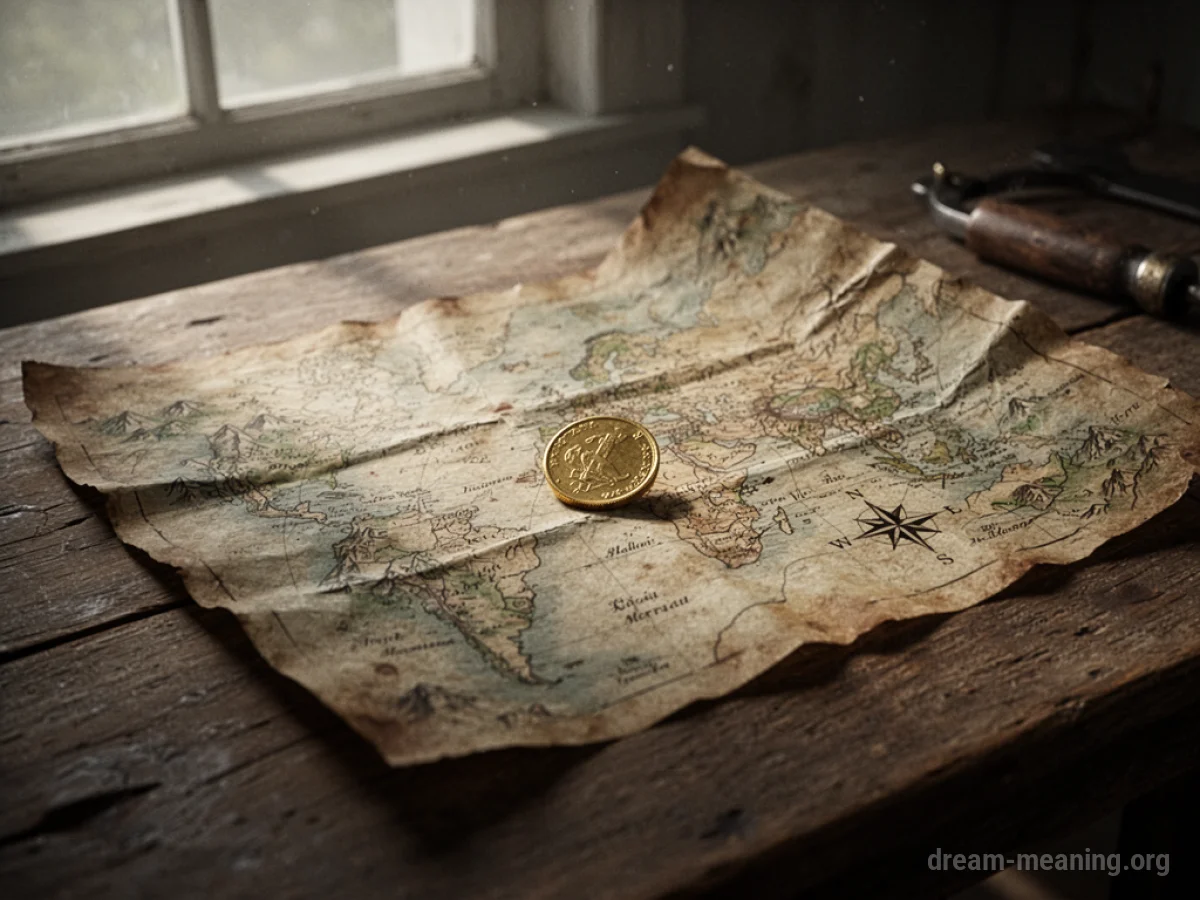 A treasure map with a gold coin on a wooden surface.