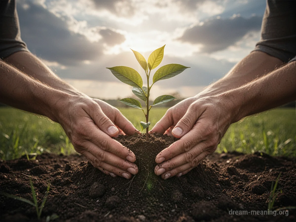 Hands planting a small tree in the ground.