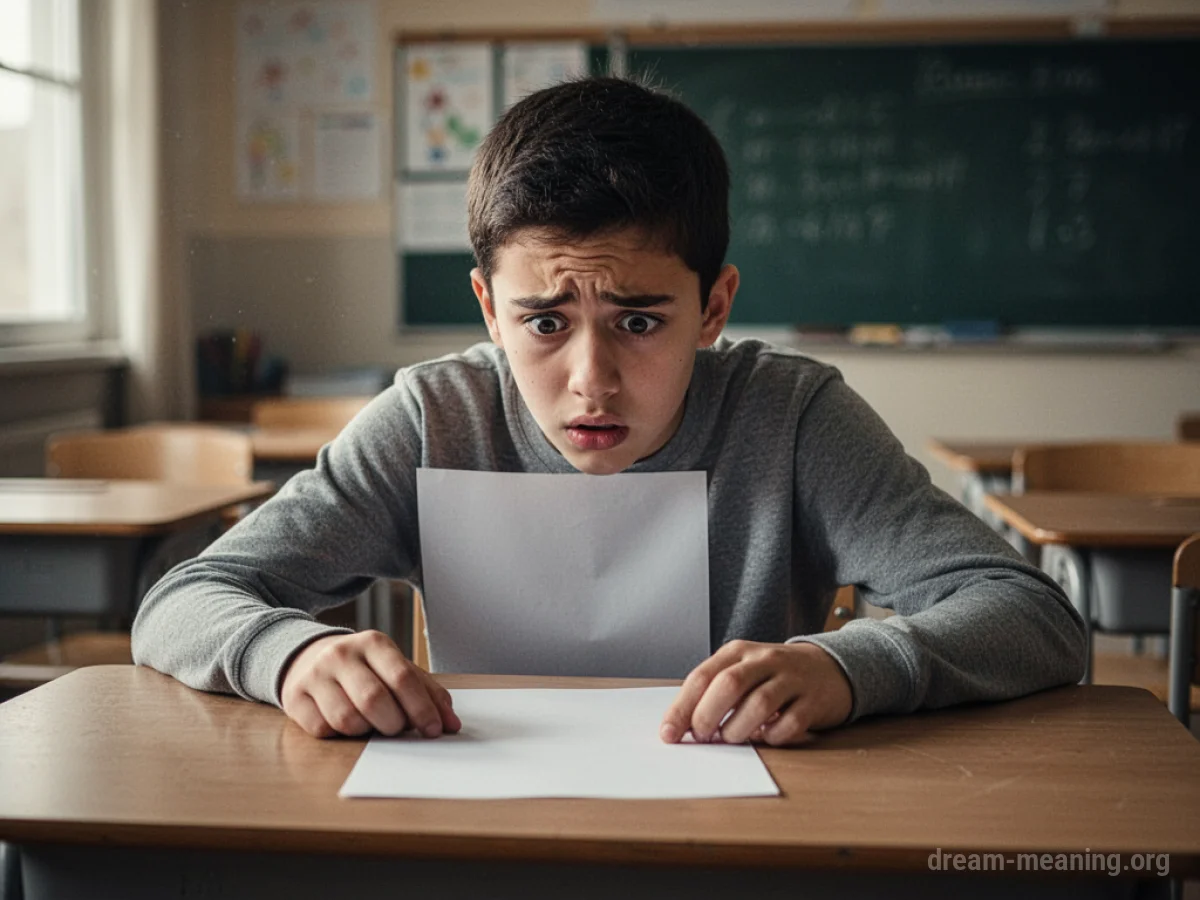 A student sitting at a desk looking at a blank paper.