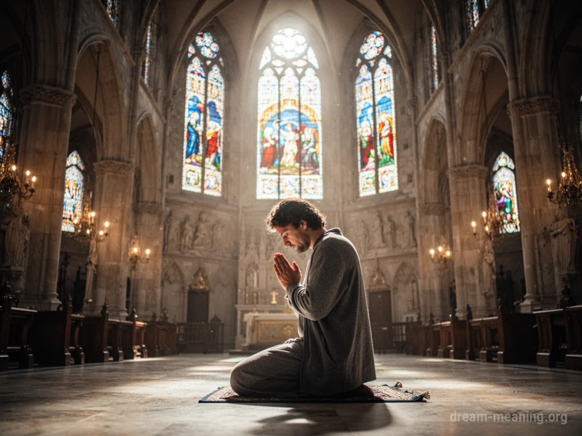 A person kneeling in prayer inside a temple illuminated by sunlight.