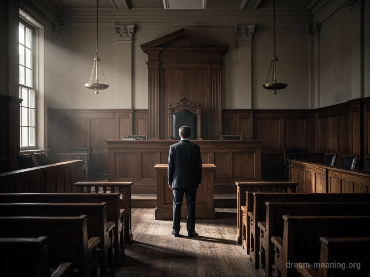 A person stands alone in a dark courtroom facing an empty judge's bench.