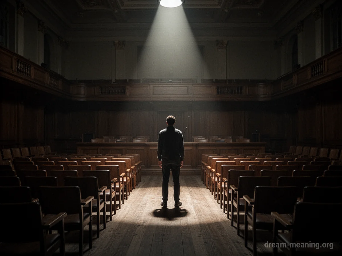 Silhouette of a person standing alone in a dark, empty courtroom.