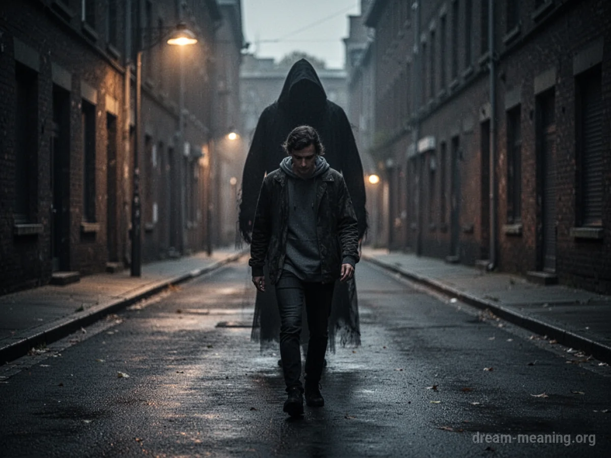 Silhouette of a person walking away from a shadowy figure in a dark alley.