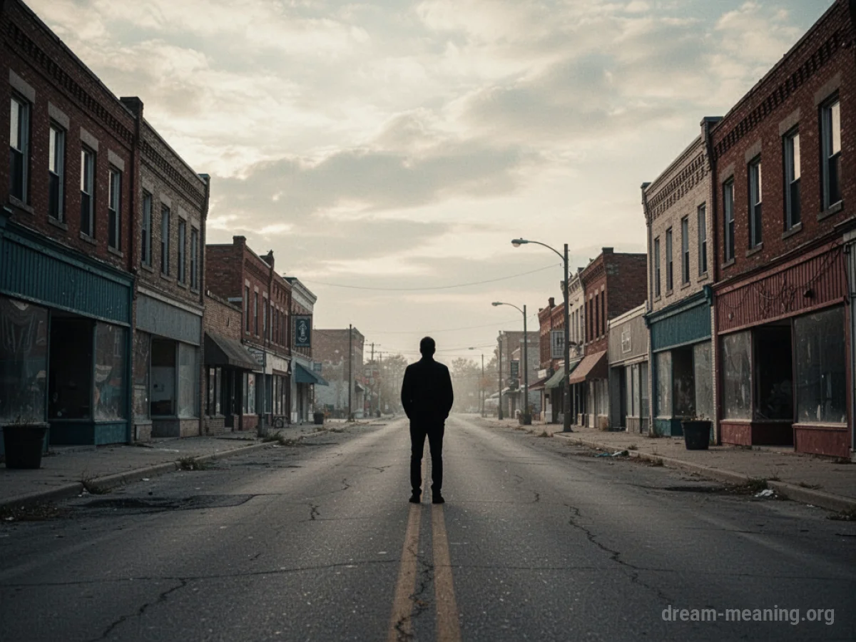 A lone figure stands on an empty street with vacant buildings.