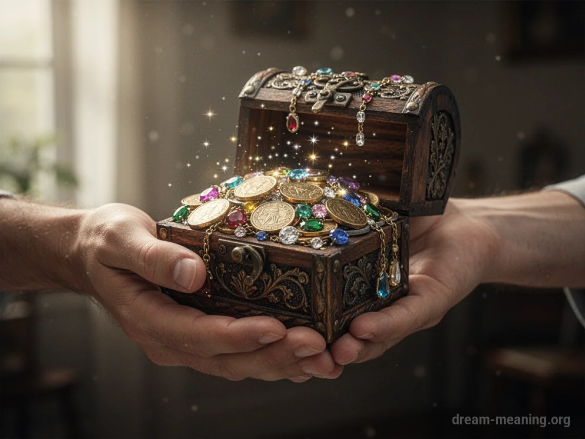 A hand reaching for a chest of gold coins and jewels.