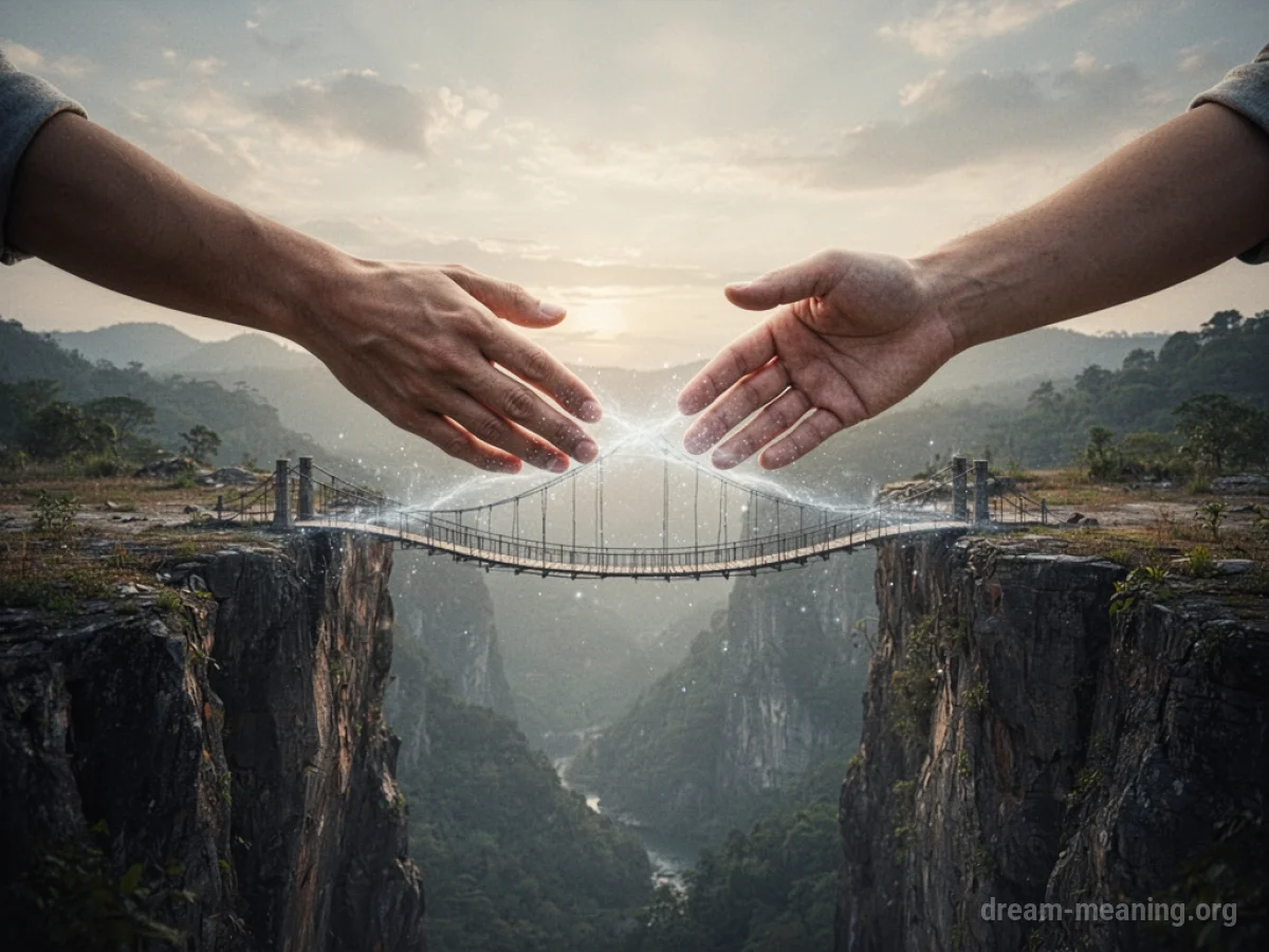 Two hands reaching out towards each other over a gap, with a thin, glowing bridge forming between them.