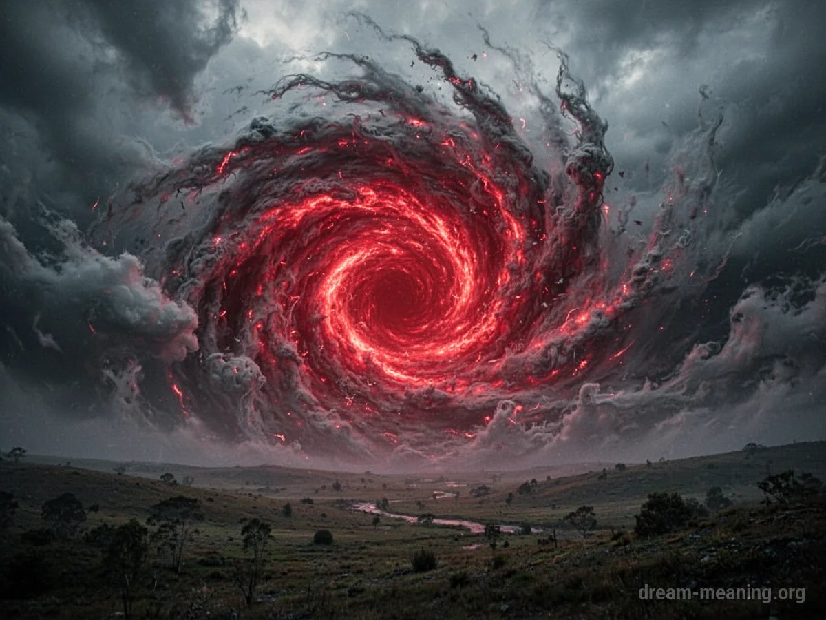 A red tornado visible in a cloudy sky.