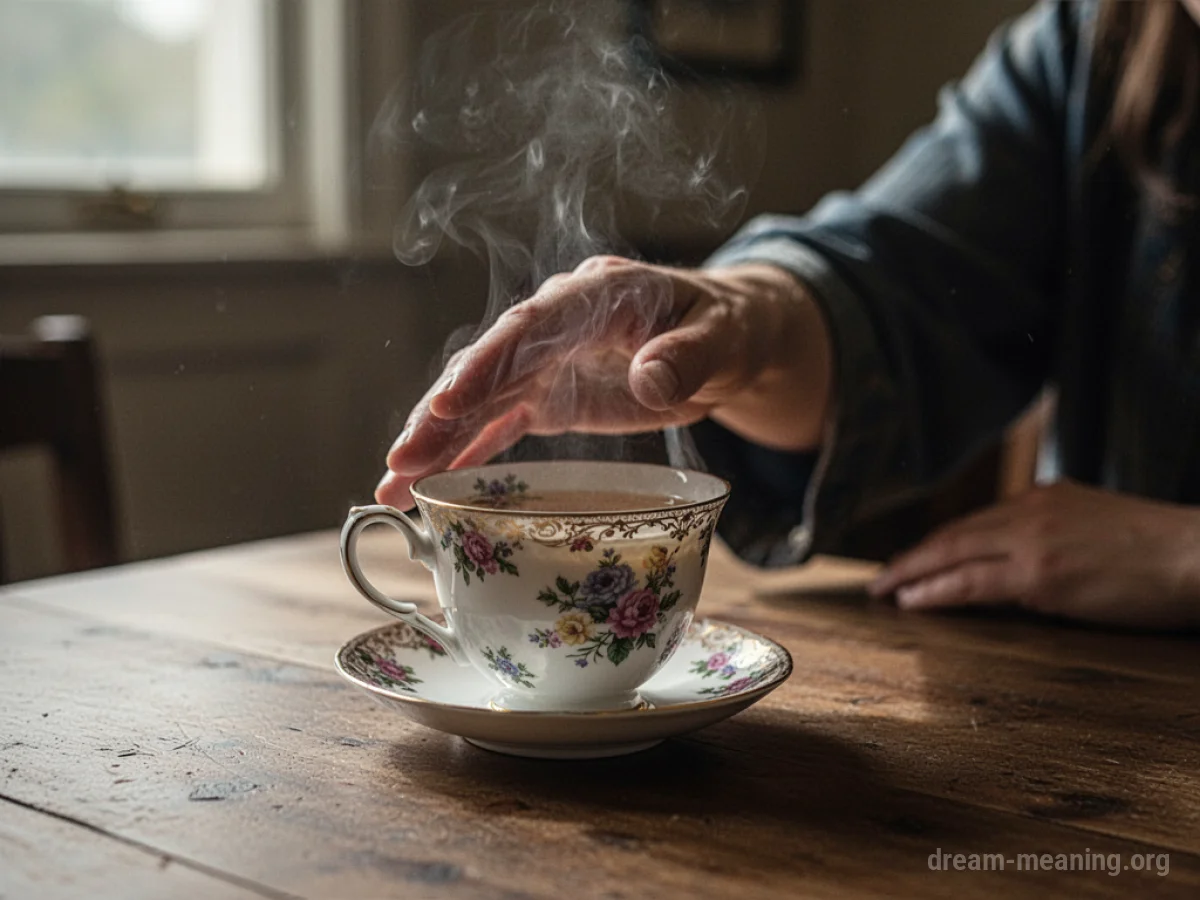 A hand pushing away a teacup.
