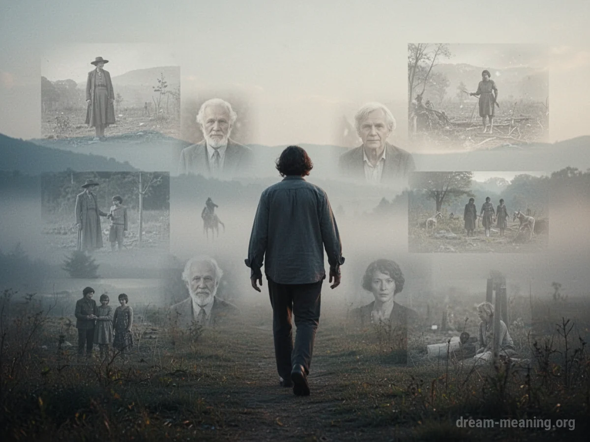 A person walking through a misty area with faint outlines of previous moments appearing and disappearing.