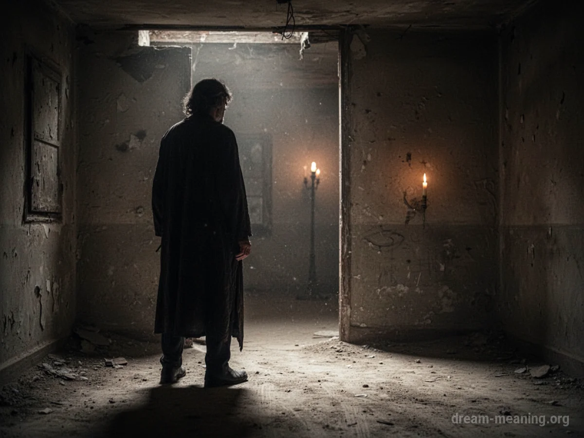 A silhouette of a person in a dark room looking towards a distant light.
