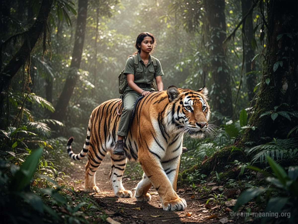 A person riding a tiger through a jungle.