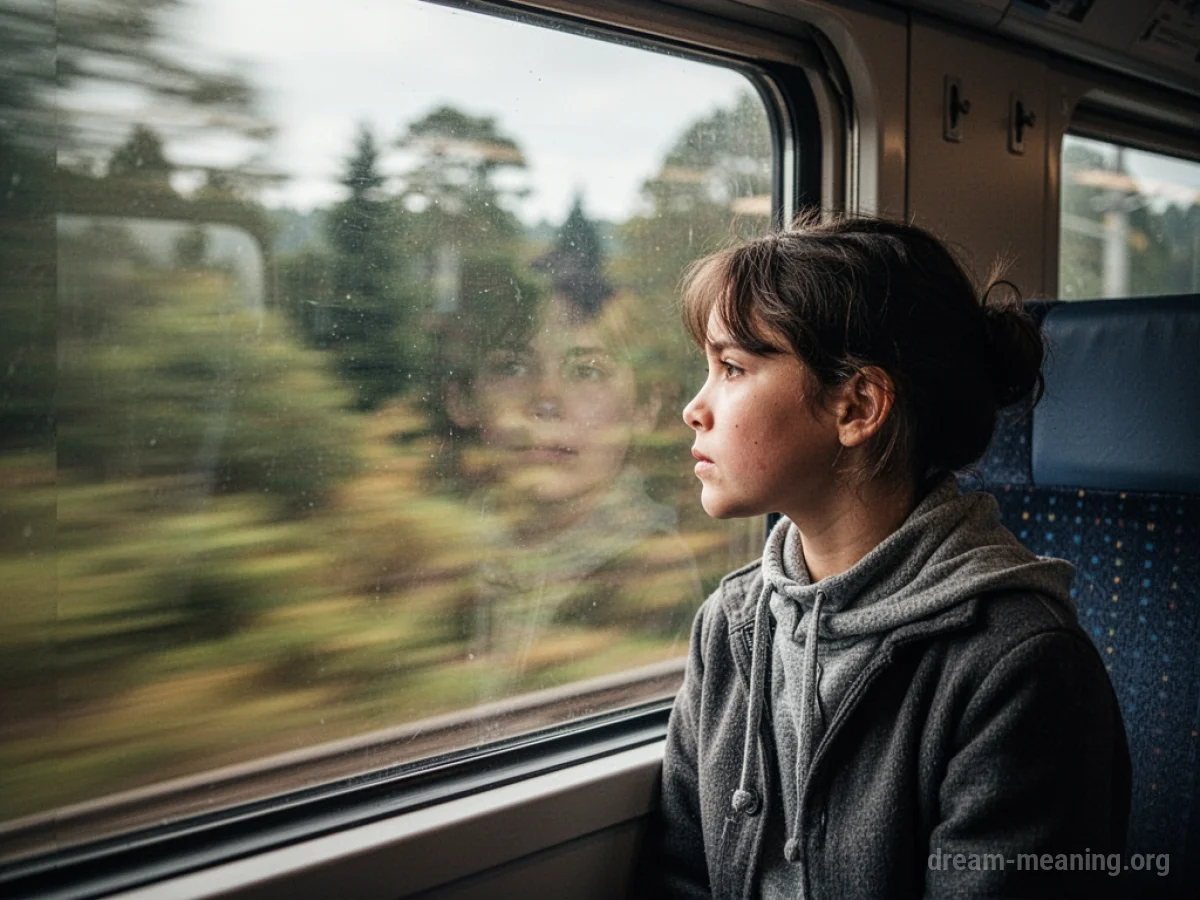 Person looking out a train window at passing landscape.