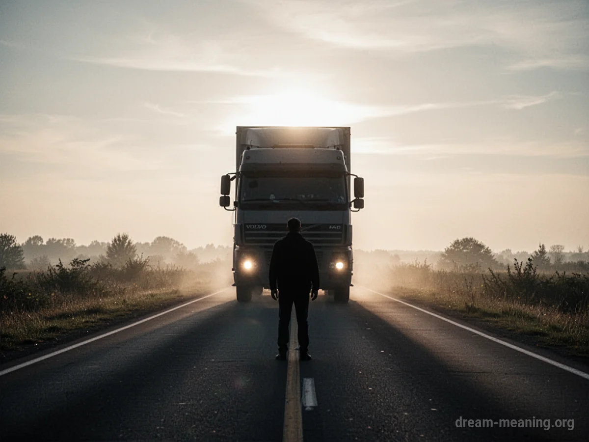 Silhouette of a truck looming over a small figure on a road.