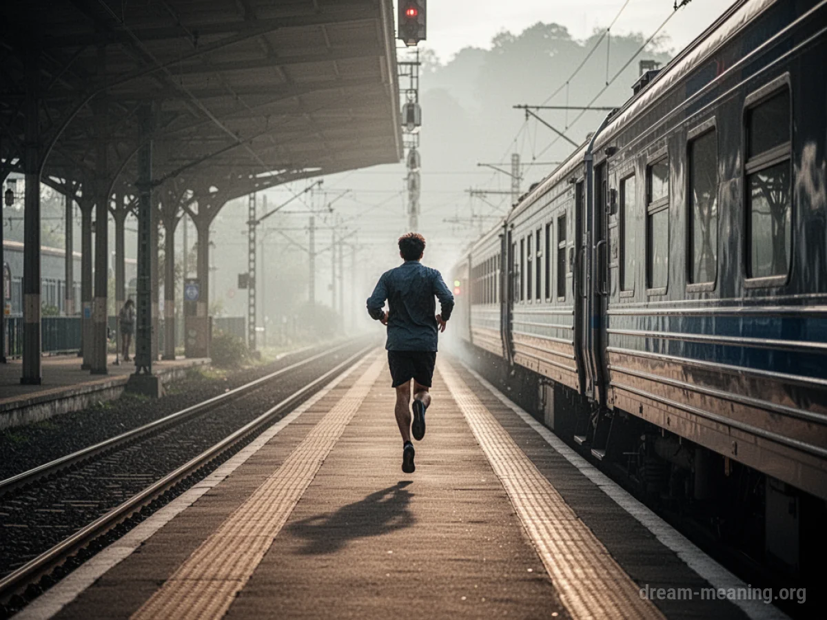 A person running along a train platform towards a departing train.