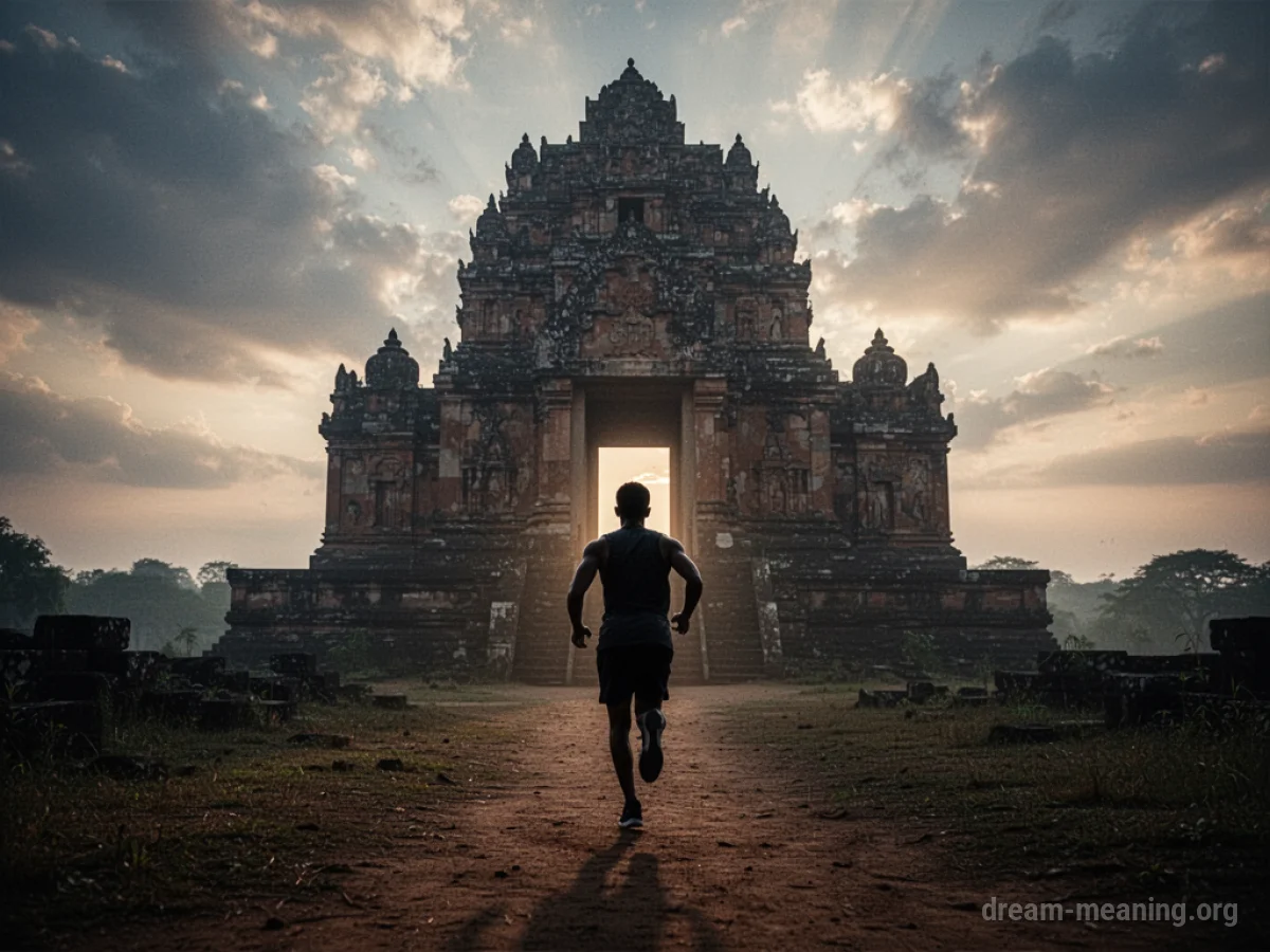 Silhouette of a person fleeing a large temple building.