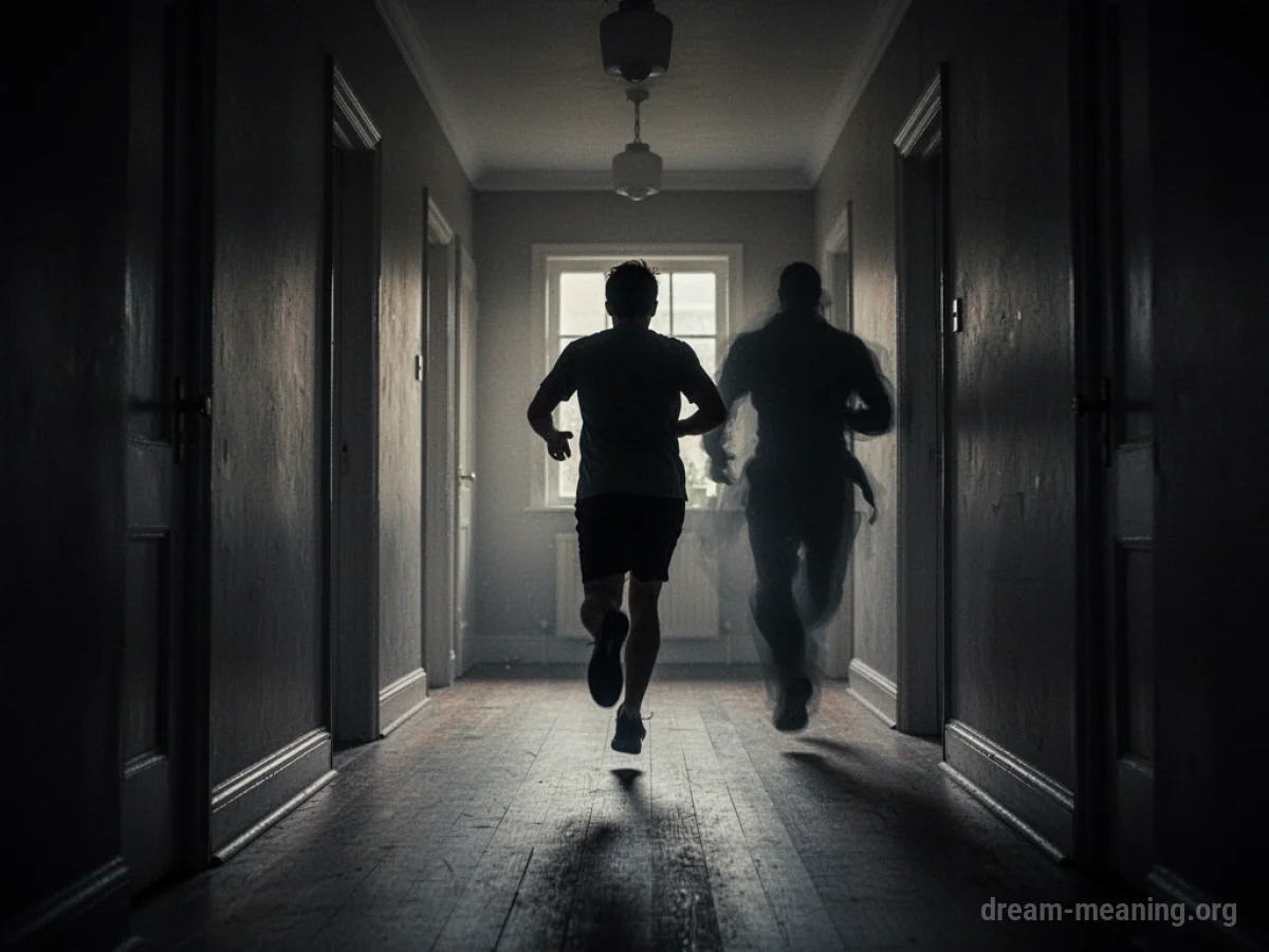 Silhouette of a person running down a dark hallway with a shadowy figure behind them.