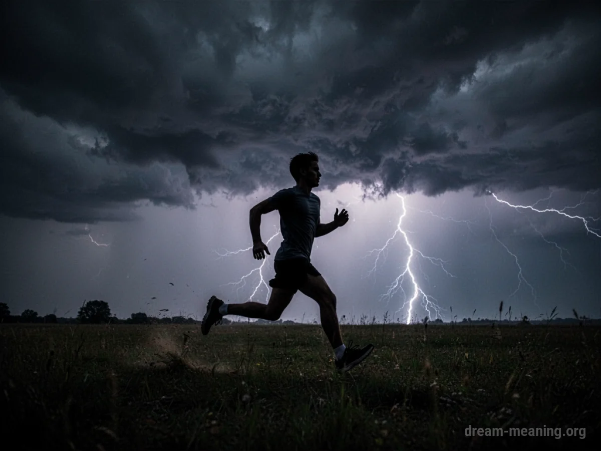 Silhouette of a person running away from a distant storm.