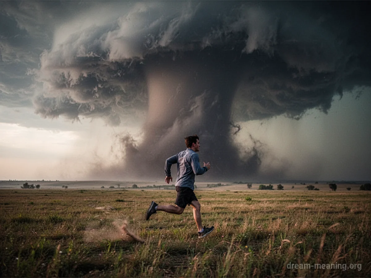 A person fleeing across a grassy plain under a stormy sky with a distant tornado.