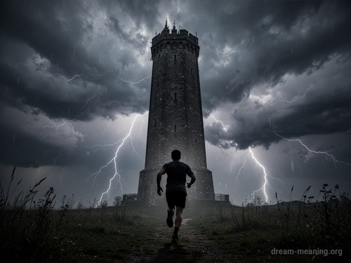Silhouette of a figure fleeing a tall tower.