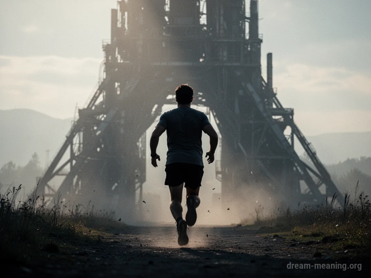 Silhouette of a person fleeing from a large, imposing building.