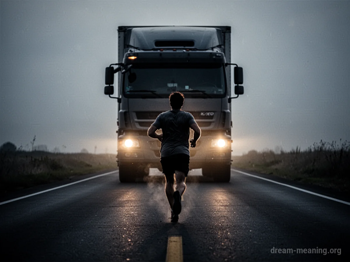 Silhouette of a person running from a large truck on a road.