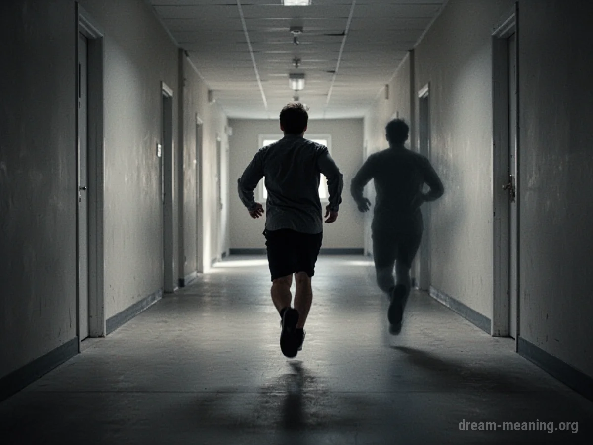 A person running down a corridor away from a shadowy figure that resembles them.