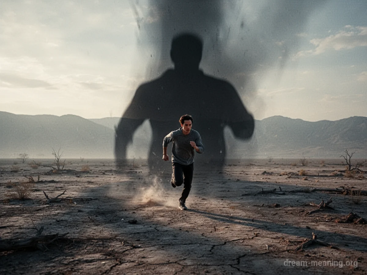 A silhouette of a person running away from a large, indistinct shadow across a barren plain.