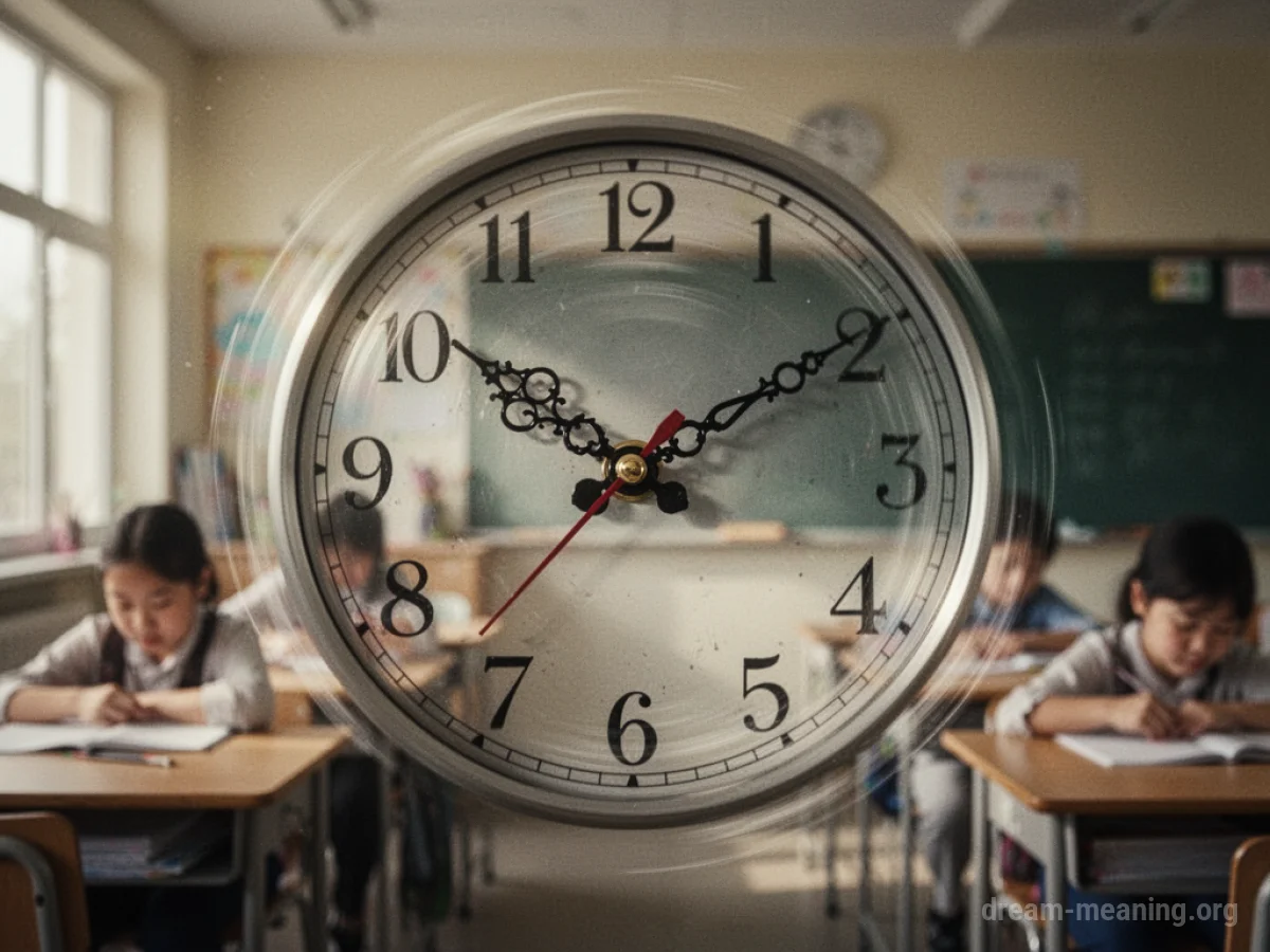 A clock with hands blurred from speed over a classroom.